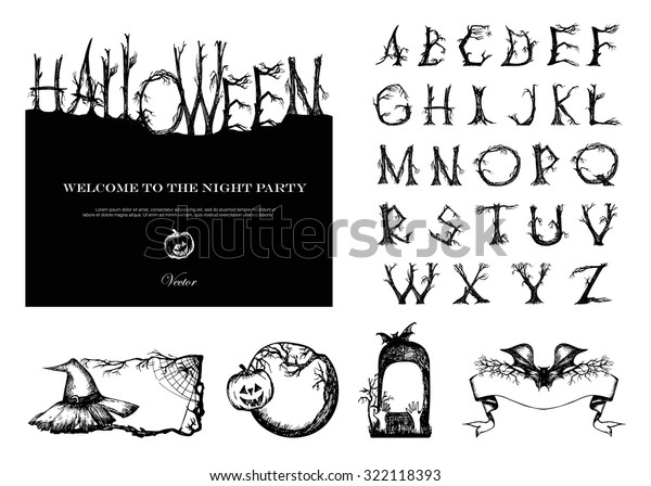 Handgezeichnetes Vintage Halloween Vektorset Schriftart Mit Zerbrochenen Stock Vektorgrafik Lizenzfrei