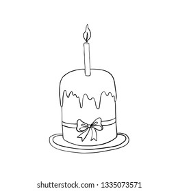 Hand drawn vintage of Happy Easter symbol, Paschal cake with candle on plate, vector ink sketch illustration isolated on white, decorative line art style for holiday design, greeting card, invitation