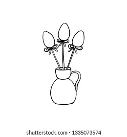 Hand drawn vintage of Happy Easter symbol, vector ink sketch illustration isolated on white, outline festive eggs with bow in vase, decorative spring bouquet line art style jug for holiday design