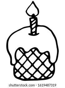 Hand drawn vintage of Happy Easter symbol, Paschal cake with candle on plate, vector ink sketch illustration isolated on white, decorative line art style for holiday design, greeting card, invitation