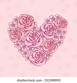 Hand Drawn vintage heart of flowers. Greeting card. Congratulation. Elements for Valentine's Day, wedding, mother's day, birthday. Vector illustration.