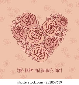 Hand drawn vintage heart of flowers. Greeting card. Congratulation. Elements for Valentine's Day, wedding, mother's day, birthday. Vector illustration.