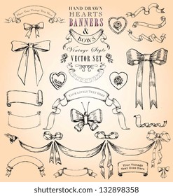 Hand Drawn Vintage Hearts, Banners and Bows Vector Set