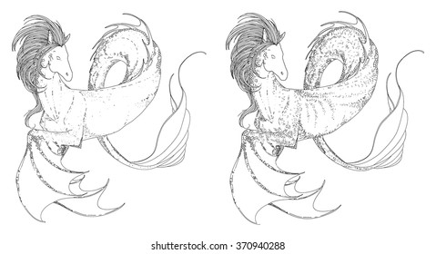 Hand drawn vintage Hippocampus or Kelpie - magic sea or water horse. Folklore motif, tattoo art. Heraldry and logo concept art. Isolated vector illustration in line art style. Mythological creature.