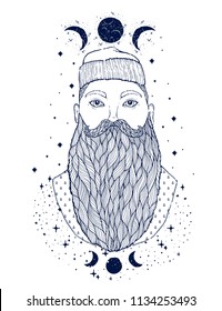 Hand Drawn vintage hipster sailor beard portrait. Old tatoo seaman. Man is an ideal art for print, posters,coloring book, t-shirts and textiles. Mystical image marine. Vector illustration.