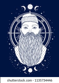 Hand Drawn vintage hipster sailor beard portrait. Old tatoo seaman. Man is an ideal art for print, posters,coloring book, t-shirts and textiles. Mystical image marine. Vector illustration.