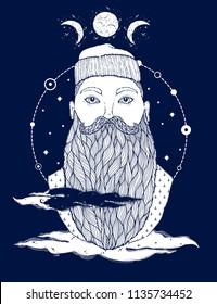 Hand Drawn vintage hipster sailor beard portrait. Old tatoo seaman. Man is an ideal art for print, posters,coloring book, t-shirts and textiles. Mystical image marine. Vector illustration.