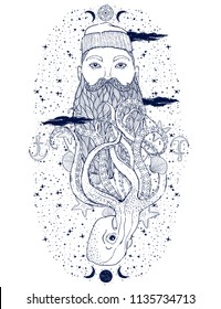 Hand Drawn vintage hipster sailor beard portrait. Old tatoo seaman. Man is an ideal art for print, posters,coloring book, t-shirts and textiles. Mystical image marine. Vector illustration.