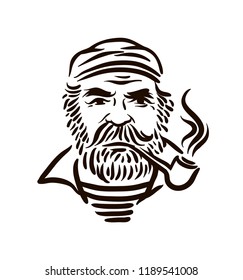 Hand Drawn vintage hipster sailor with thick beard and pipe
