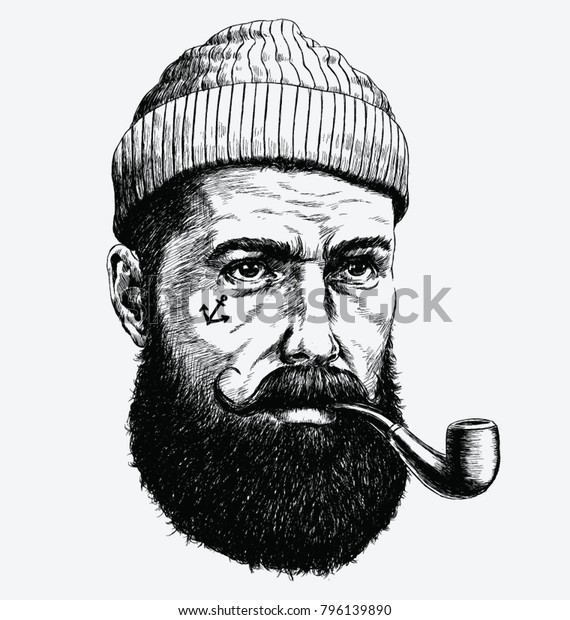 Hand Drawn vintage hipster sailor with thick beard\
and pipe