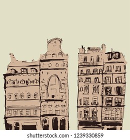Hand drawn vintage home. Old town. Street sketches on light background. European city. Cartoon house. Ink line style building. Vector illustration.