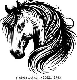 hand drawn vintage horse vector illustration, black and white silhouette illustration line art