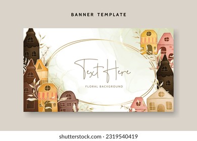 hand drawn vintage house and leaves watercolor background template