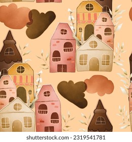 hand drawn vintage house and leaves watercolor seamless pattern