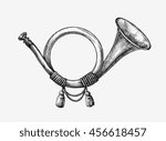 Hand drawn vintage hunting horn. Sketch post horn. Vector illustration