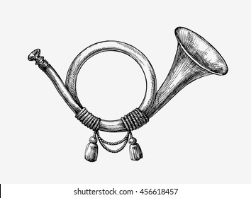 Hand drawn vintage hunting horn. Sketch post horn. Vector illustration