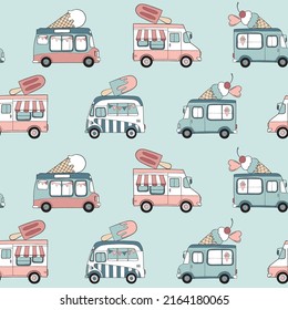 Hand drawn vintage ice cream trucks and ice creams seamless vector pattern. Perfect for textile, wallpaper or print design.
