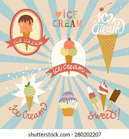 Hand drawn vintage ice cream emblems set. Cute cartoon ice cream poster made in vector.