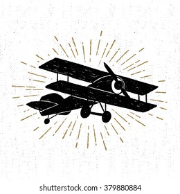 Hand drawn vintage icon with biplane vector illustration.