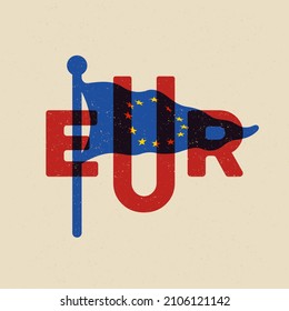 Hand drawn vintage icon with flag of Europe Union textured vector illustration .