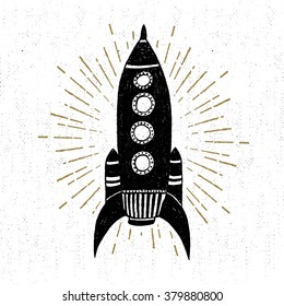 Hand Drawn Vintage Icon With Rocket Vector Illustration.