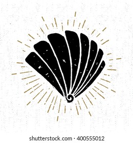 Hand drawn vintage icon with a textured scallop seashell vector illustration.