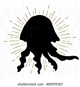 Hand drawn vintage icon with a textured jellyfish vector illustration.