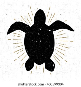 Hand drawn vintage icon with a textured sea turtle vector illustration.