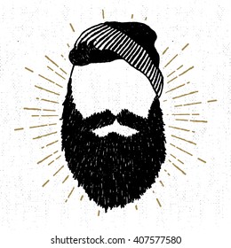 Hand drawn vintage icon with a textured face with beard vector illustration.