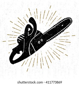 Hand drawn vintage icon with a textured chainsaw vector illustration.