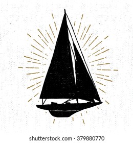 Hand Drawn Vintage Icon With Yacht Vector Illustration.