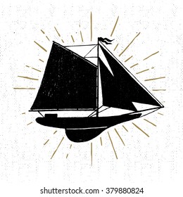 Hand drawn vintage icon with yacht vector illustration.