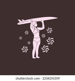 Hand drawn vintage illustration artwork of surfing woman