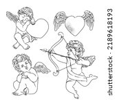 Hand drawn vintage illustration cute angels, cupid engraved style