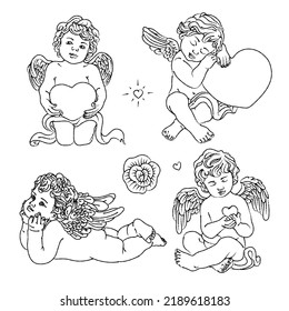 Hand drawn vintage illustration cute angels, cupid engraved style