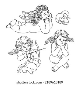 Hand drawn vintage illustration cute angels, cupid engraved style