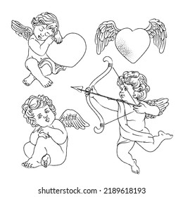 Hand drawn vintage illustration cute angels, cupid engraved style