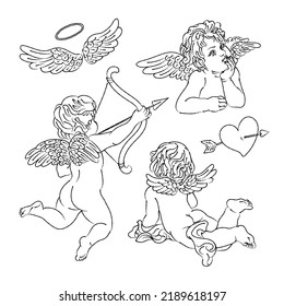 Hand drawn vintage illustration cute angels, cupid engraved style