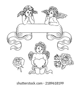 Hand drawn vintage illustration cute angels, cupid engraved style