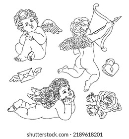 Hand drawn vintage illustration cute angels, cupid engraved style