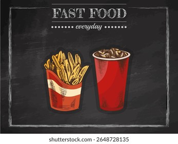 Desenhado à mão ilustração vintage de batatas fritas em recipiente vermelho e refrigerante bebida em copo de papel. Esboço vetorial isolado no plano de fundo do quadro. Perfeito para menus retro, marca fast food e cafés.