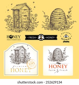 Hand Drawn Vintage Illustration For Honey Logo Products. Vector