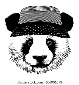 Hand drawn vintage illustration of panda with panama hat