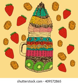 Hand drawn vintage illustration of parfait in special jar decorated with strawberries and corn flakes. Food and confectionery theme illustration. Decoration of catering and kitchens.