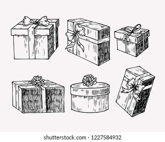 Hand drawn vintage illustration of present box, gift package with a bow and ribbon.