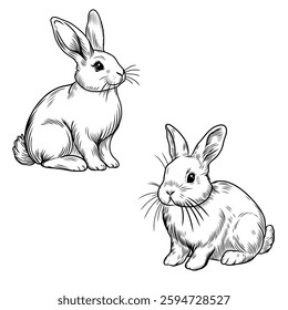 Hand drawn vintage illustration of rabbits. Detailed black and white sketch with fine lines. For farm themed designs, Easter decorations, nature art work, packaging, animal illustrations.