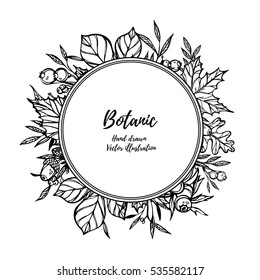 Hand drawn vintage illustration. Vector illustration in retro style - grass, leaves and berries round composition. Perfect for invitations, greeting cards, quotes, posters, scrapbooking etc.