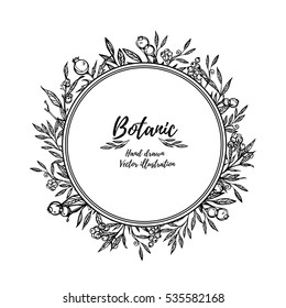 Hand drawn vintage illustration. Vector illustration in retro style - grass, leaves and berries round composition. Perfect for invitations, greeting cards, quotes, posters, scrapbooking etc.