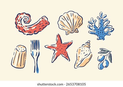 Hand drawn vintage illustrations in a doodle style. Vector Food illustrations in classic Italian aesthetics. Dolce Vita - Menu, posters designs.