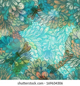 Hand drawn vintage invitation card design with fantasy flowers and dragonflies. Eps10